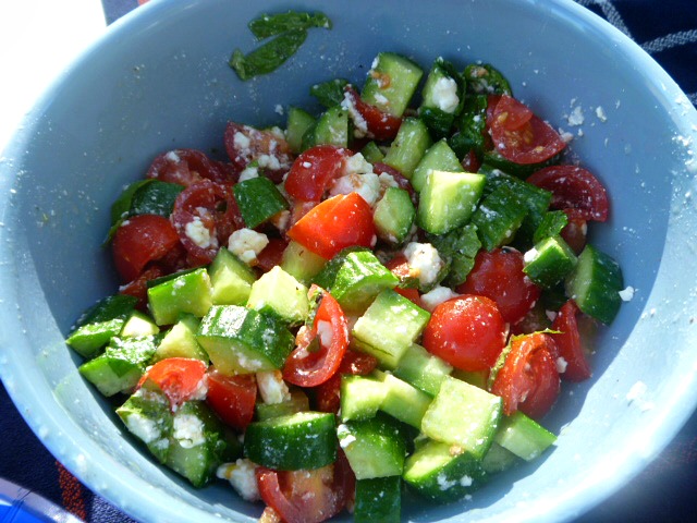 Feta Chopped Salad: A wonderful Mediterranean inspired salad bursting with fresh cucumbers and tomatoes and a soft mild feta cheese and dressed lightly with lemon and olive oil. Delish!!! - Slice of Southern