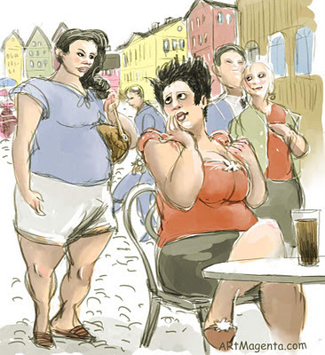 Gossip in the cafe is a caricature by Artmagenta