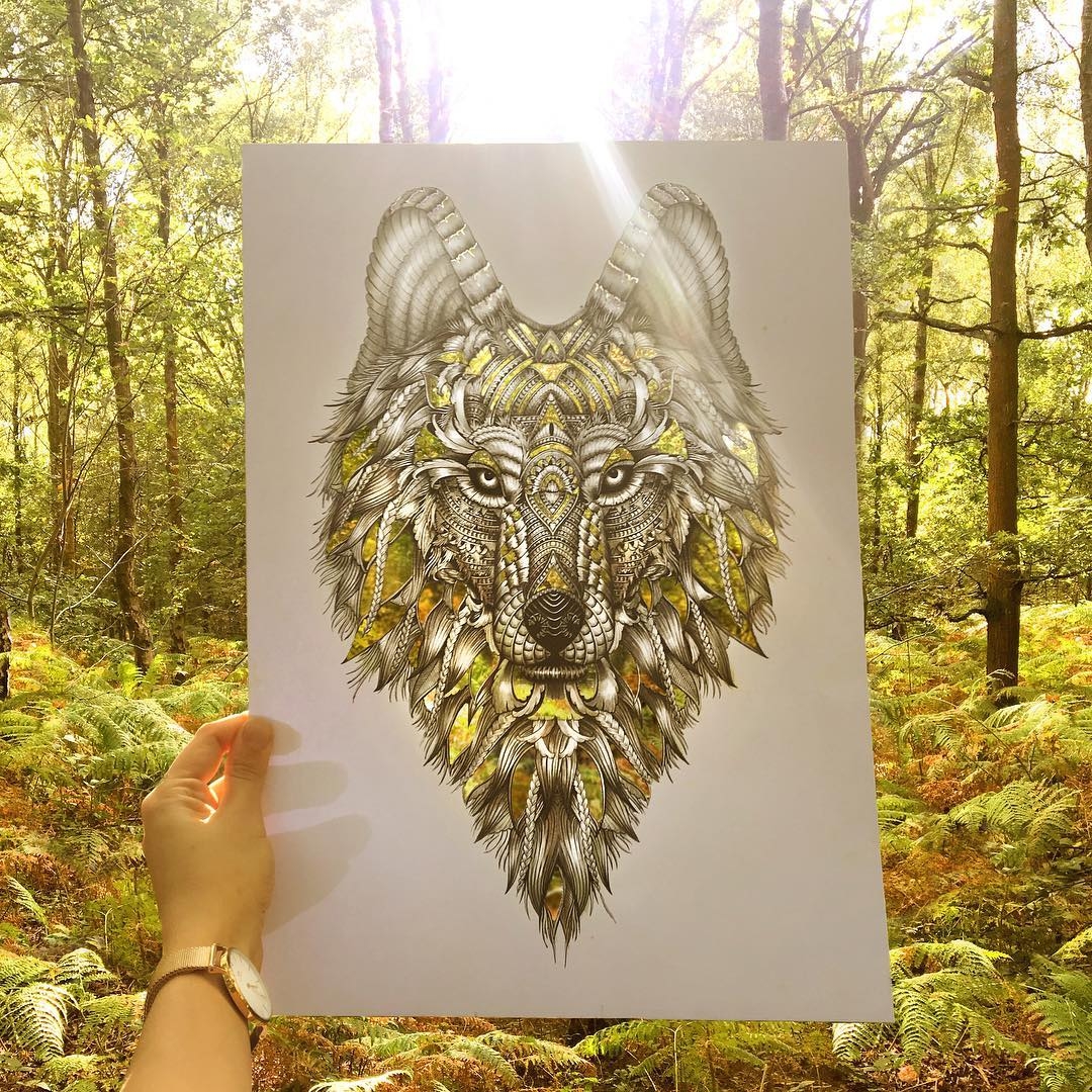 12-Wolf-in-the-Forest-Faye-Halliday-Animal-Drawings-and-Mandalas-www-designstack-co