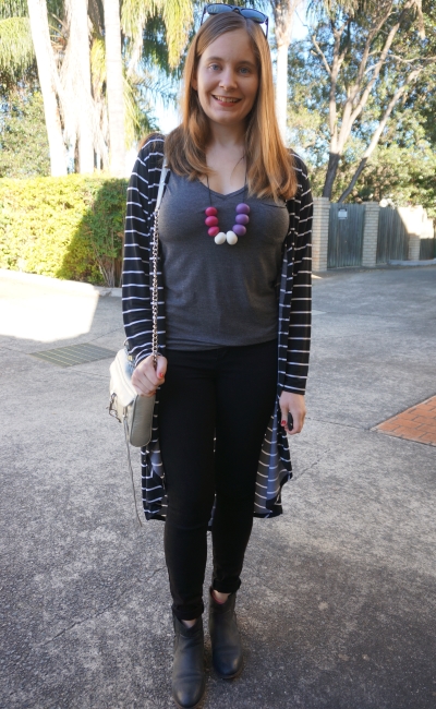 pink and purple bead necklace with monochrome black grey jeans and tee outfit | Away From Blue