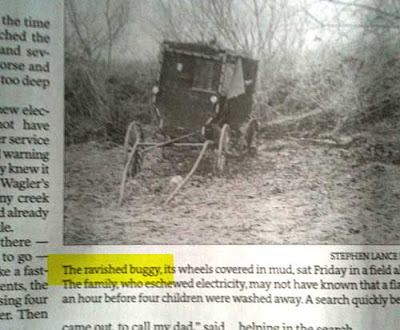 Newspaper photo of an Amish buggy with caption reading The ravished buggy...