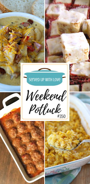 Weekend Potluck favorite recipes this week include Crock Pot Cheesy Sausage Chowder, Butter Pecan Fudge, Applesauce Meatballs, Corn Pudding, and so much more. 