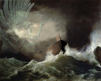 el arca de noe en el diluvio universal con un angel mirando