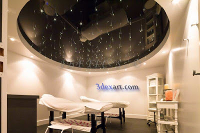 fiber optic star ceiling, starry sky stretch ceiling lighting ideas, black glossy ceiling