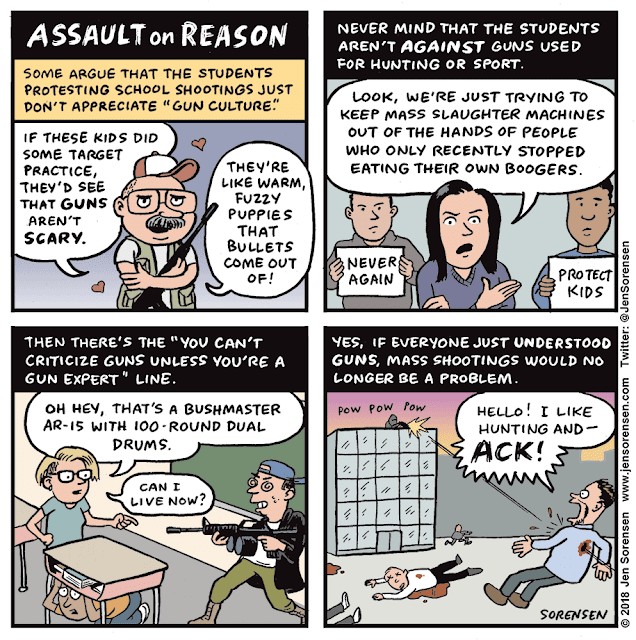Title:  Assault on Reason.  Frame One:  Some argue that the students just don't appreciate 