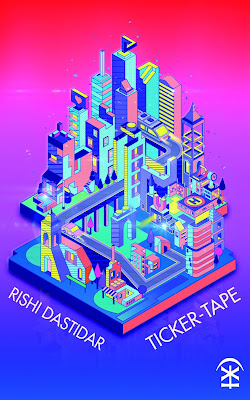 The artwork is by Ria Dastidar / Uberpup and features a 3D city-scape built on a square, almost as if for a videogame. The cover is vibrant with bright colours: neon pinnk and yellow as well as bright blues and purples. The cityscape could be from the Sims perhaps, and shows a futuristic idealised version of a city, with helipads, monorail, houses with pools and many other buildings all in geometric details.