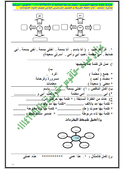 مذكرة عربي للصف الأول الإبتدائي الترم الثاني