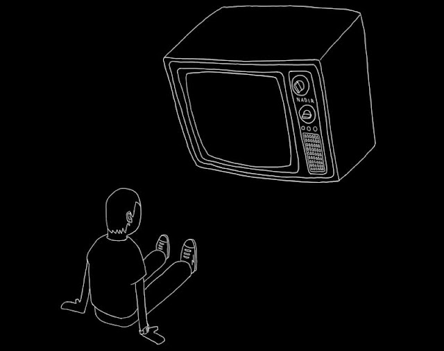A television hovers over a boy