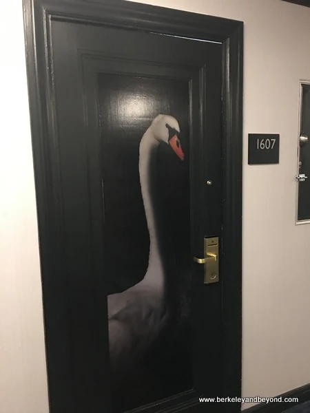 swan painted on guest room door at Hotel Spero in San Francisco, California