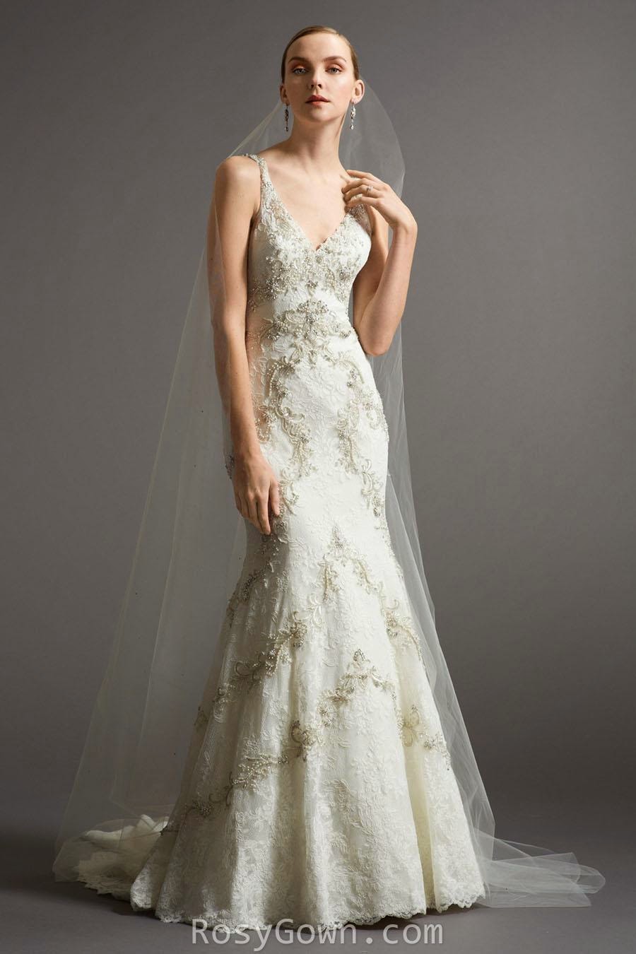 Dramatic Embroidered Sleeveless V-neck Fit and Flare Ivory Bridal Gown-1