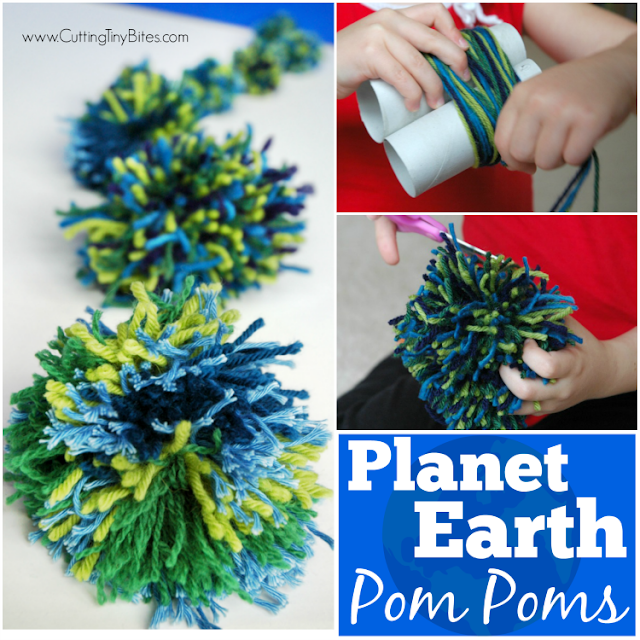 Planet Earth Pom Poms. Quick and easy Earth Day craft for kids. Work those fine motor skills!