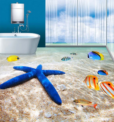 3D beached themed bathroom floor designs having starfish and koifish 3D beached themed bathroom floor designs having starfish and koifish