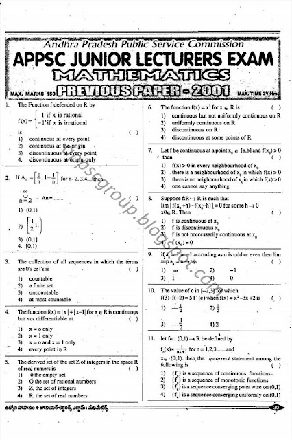 APPSC Junior Lecturers Previous Papers mathematics