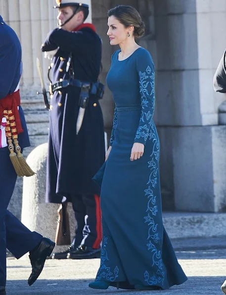 Queen Letizia of Spain attends the New Year's Military Parade at the Palacio Real. Felipe Varela, Magrit pumps, Tous Diamond earrings