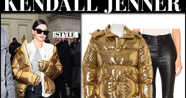 Kendall Jenner in gold puffer jacket and black leather flare pants in ...