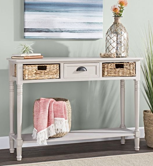 White Console Table with Basket 2 Drawers