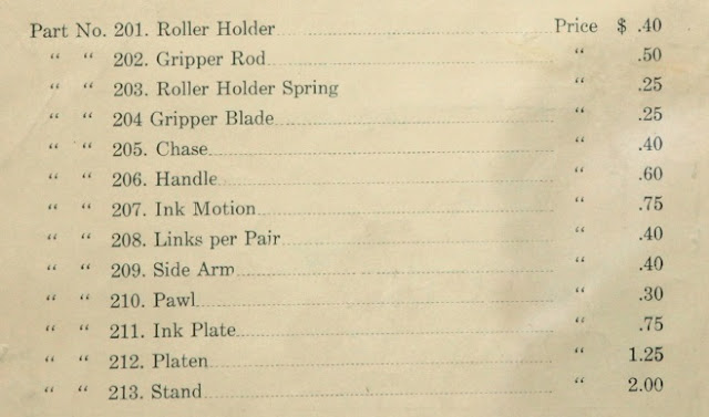 indoex of parts and pieces that comprise the Baltimore #9 printer