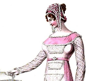 Pale pink cestus or belt on an evening dress from La Belle Assemblée (1812)