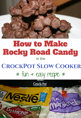 It's fun and easy to make homemade rockyroad in the crockpot slow cooker. Rocky Road is pretty much my favorite candy, ever, and I like that this isn't waxy in any way -- the chocolate melts nice and evenly in the crockpot and tastes perfect!