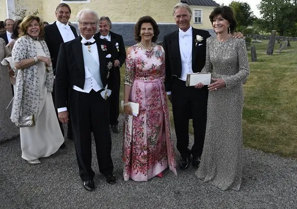 Princess Madeleine wore RED Valentino Natural Pleated Tulle Floral print Midi Dress. Queen Silvia, Crown Princess Victoria, Princess Sofia at wedding