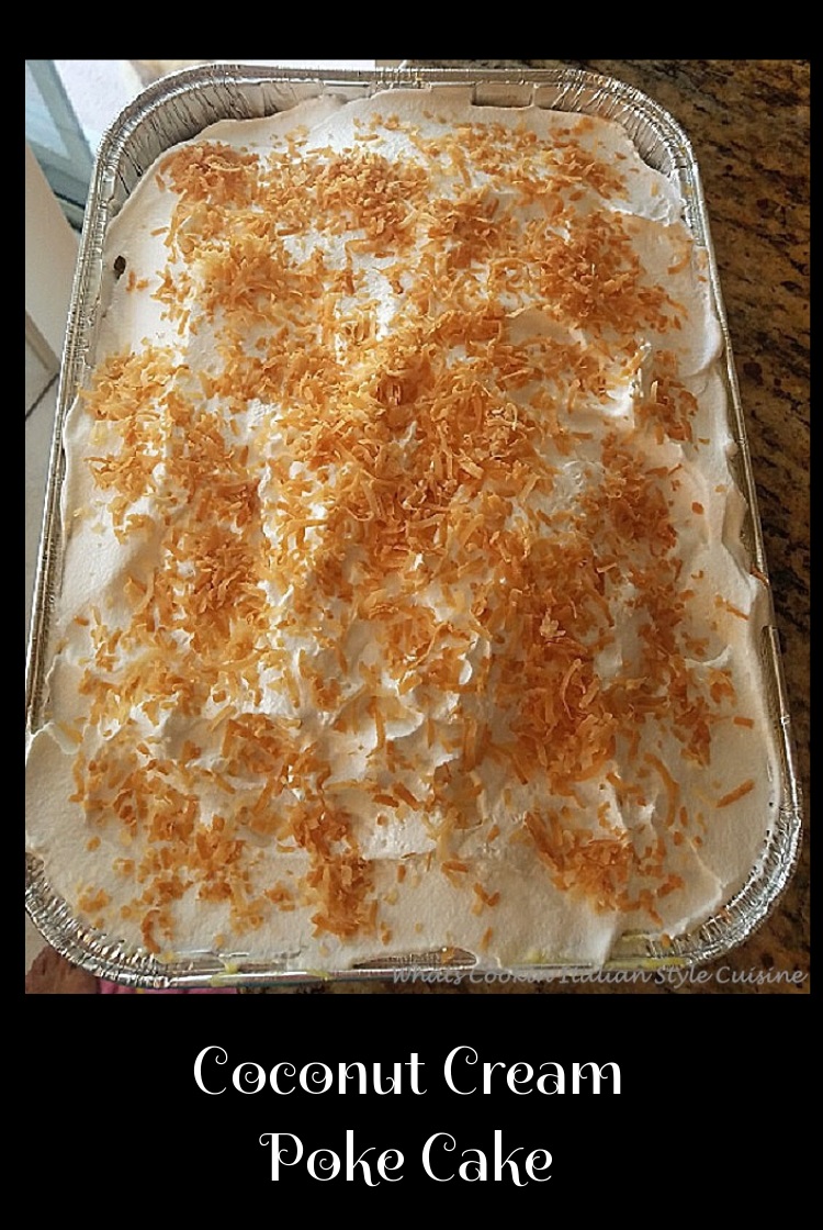 This is a coconut cake with coconut cream pudding that is called poke cakes because you poke holes in the cakes and the coconut cream pudding is throughout the cake then piled high with whipped cream and toasted coconut on top