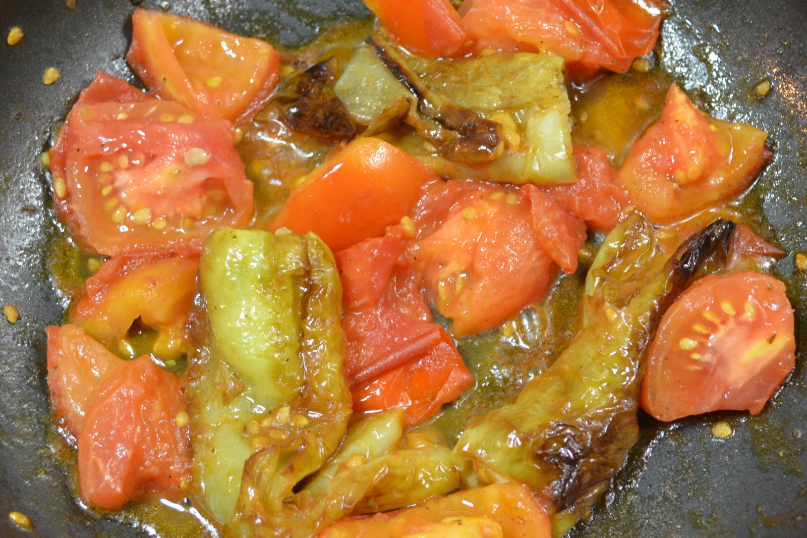 Moms Food Fried peppers with tomato and feta cheese