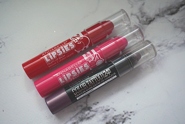 Annabelle Lipsies Fruity Lip Balm in Fruit Punch and Cherry  Maybelline - Color Tattoo Crayon - Lilac Lust
