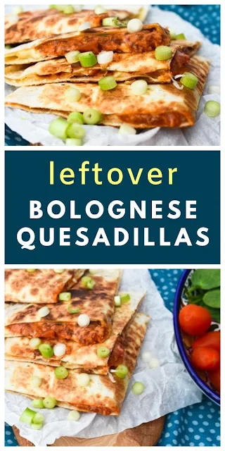 An easy idea for using up leftover bolognese. The perfect lunch when you need something quick. Free printable recipe. #leftoverbolognese #leftoverbolognaise #quesadillas #veganquesadillas #vegetarianquesadillas #veganlunch #veganwraps #wraps #tortillawraps #bolognese #bolognaise