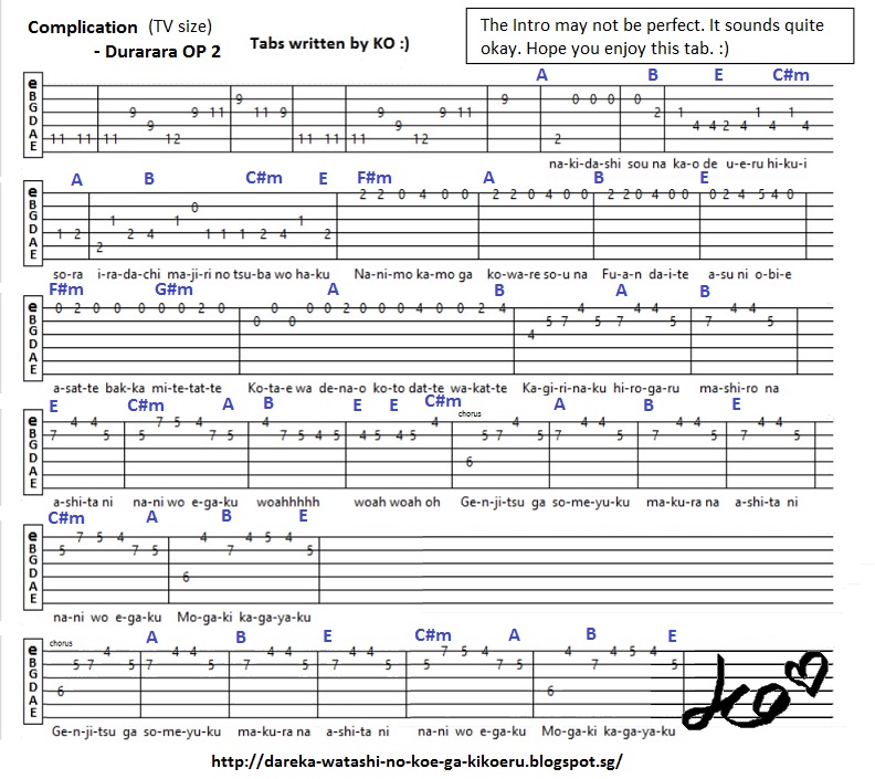 Anime Guitar Tabs: Tabs for Complication - Durarara OP 2