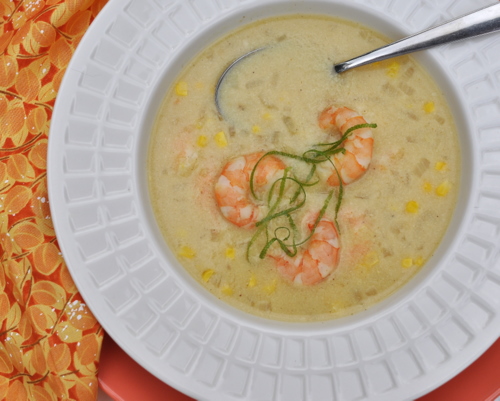 Sweet-Corn Soup with Shrimp ♥ KitchenParade.com, familiar ingredients combined into something unusual and surprising. Serve chilled in summer, warm in the spring. Fresh & Seasonal. High Protein.