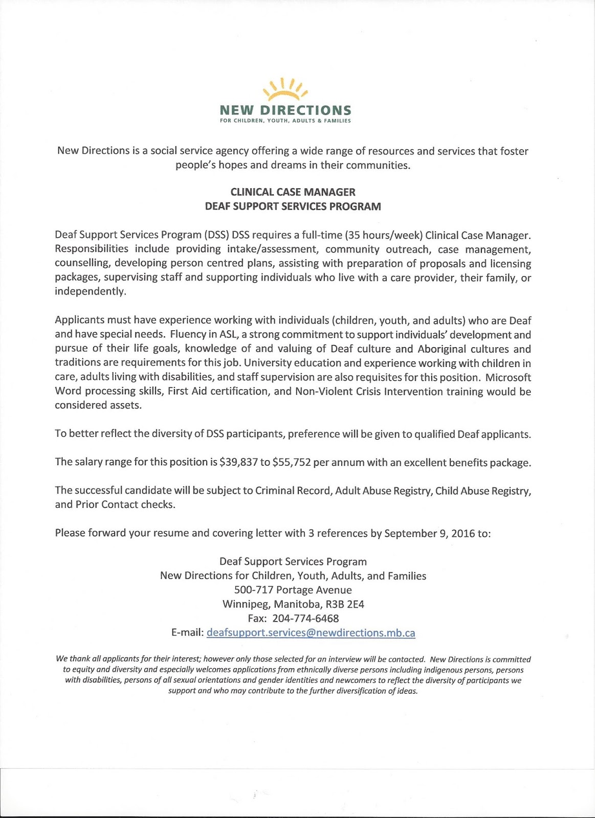 deaf centre manitoba inc new directions clinical case manager job