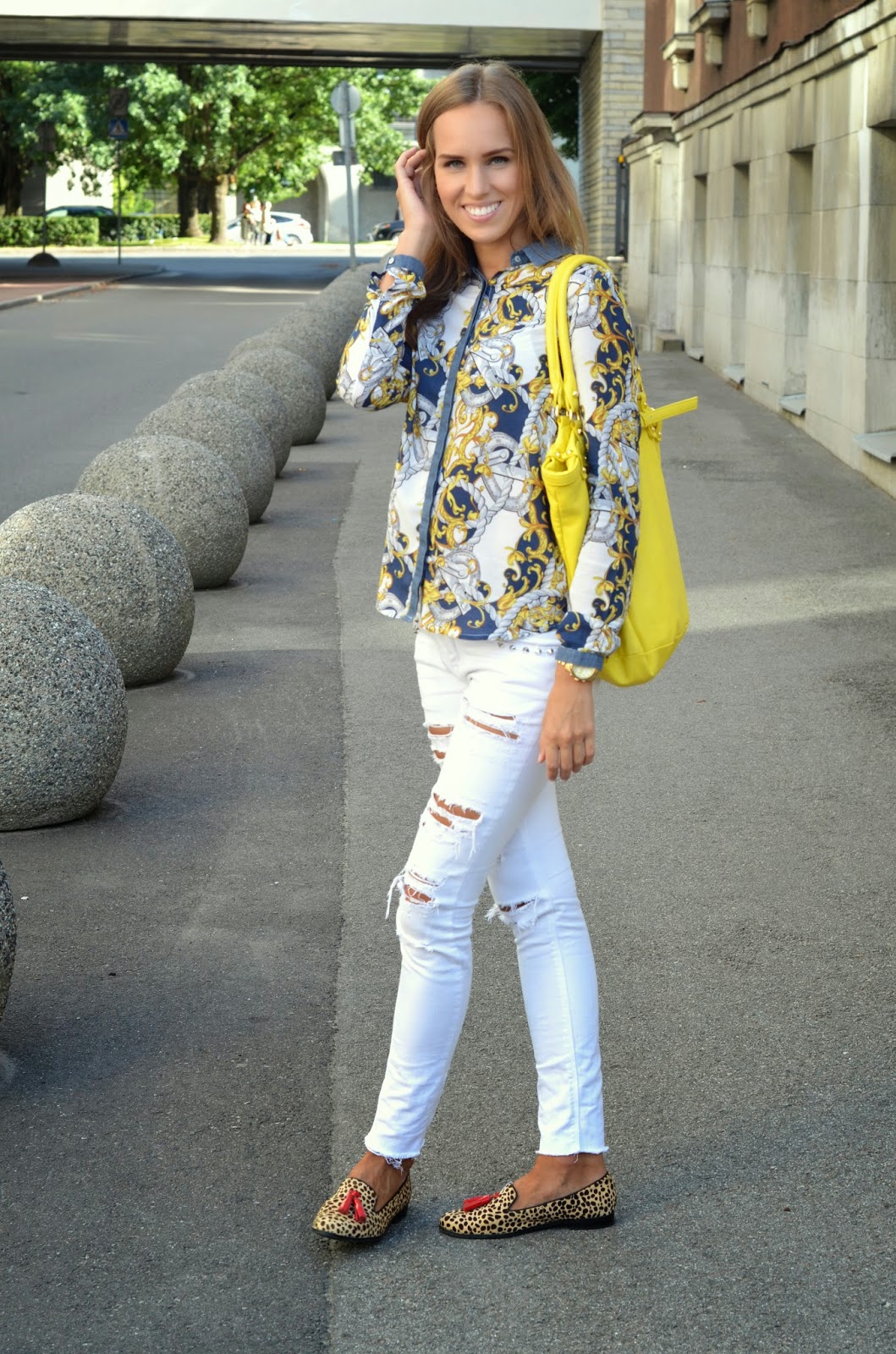 leopard fur flats white jeans yellow bag print top