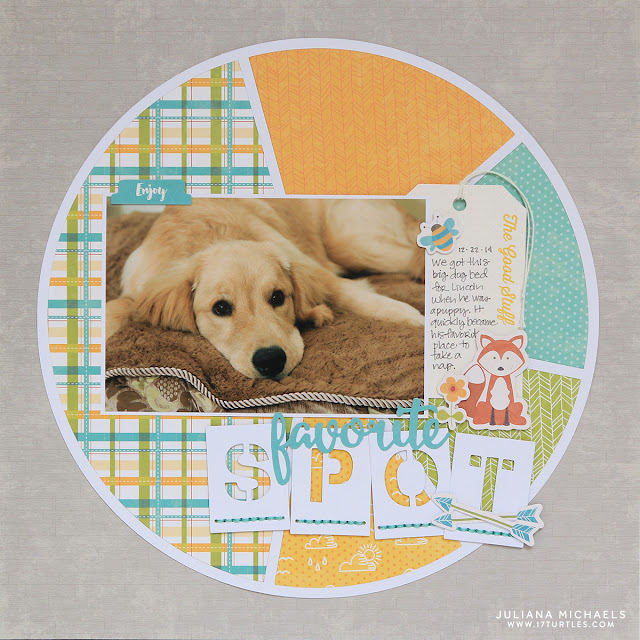 Favorite Spot Dog Scrapbook Page by Juliana Michaels featuring Pie Chart 17turtles Free Digital Cut File and Jillibean Soup Mushroom Medley
