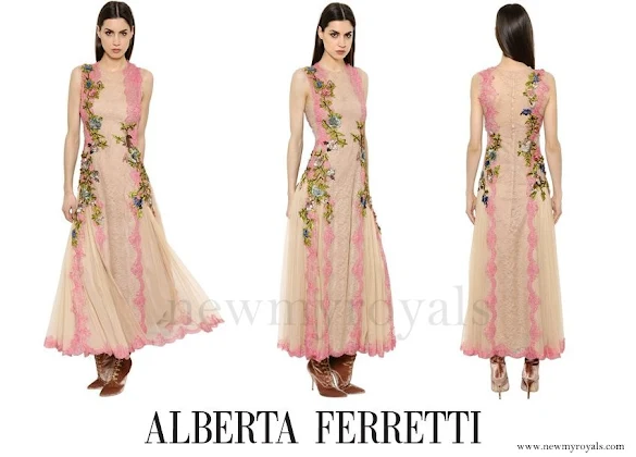 Princess Eugenie wore ALBERTA FERRETTI Embroidered Silk Tulle Lace Gown
