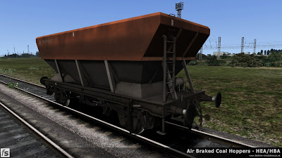 Fastline Simulation - HBA/HEA Coal Hoppers: An HEA hopper in fairly grimy Railfreight flame red and grey livery.