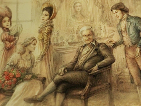 El mercader (André Dussollier) rodeado de sus hijos en su lujosa mansión, en La Bella y la Bestia - Cine de Escritor