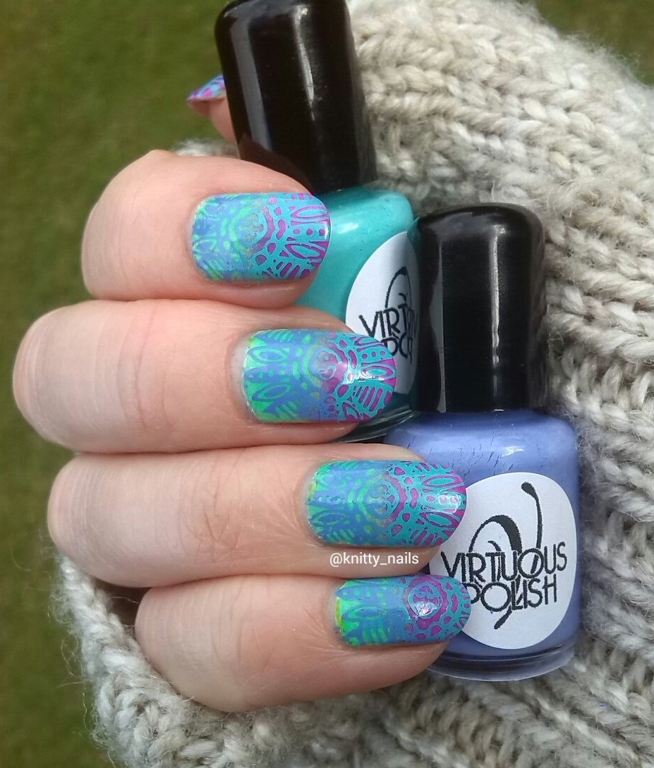 Virtuous Polishes Queen Ester and Naomi and Apipila Super Plate A over neon gradient