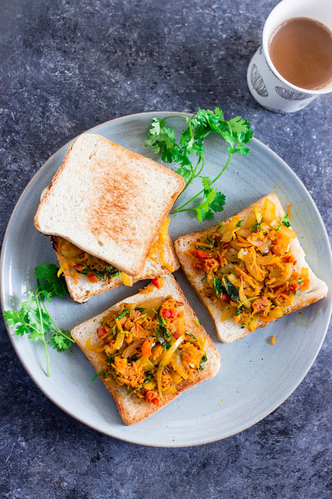 Bangalore Iyengar Bakery Style bread toast topped with an onion-carrot masala