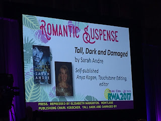 RWA slide announcing Tall, Dark and Damaged by Sarah Andre, edited by Anya Kagan, as a 2017 RITA finalist in the romantic suspense category