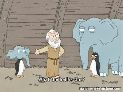 Funny Noah's Ark Cartoon Picture - Noah yelling at elephant and penguin - What the hell is this?