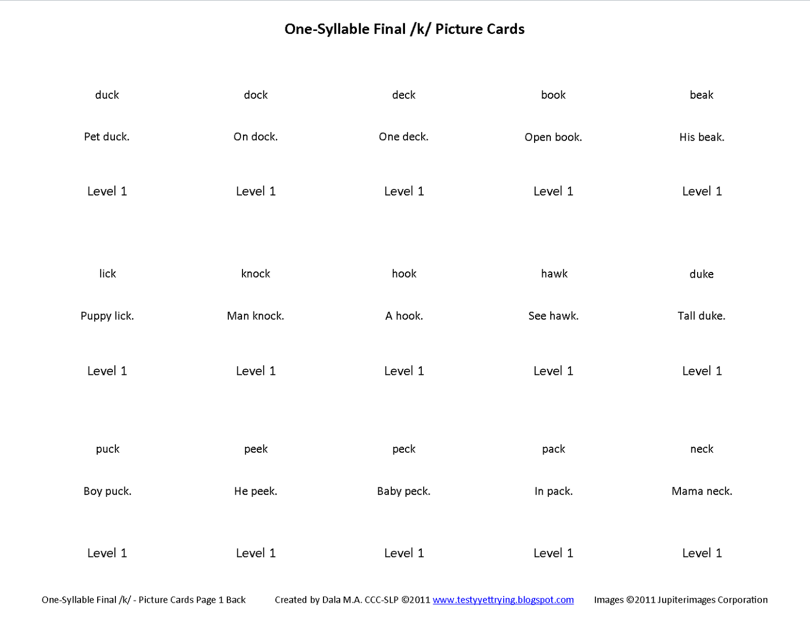 Testy yet trying Final K Free Speech Therapy Articulation Picture Cards