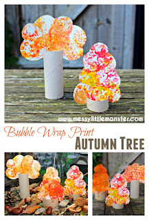 Bubble wrap cardboard tube Autumn tree craft for kids. A fun process art activity for toddlers and preschoolers. A simple craft for enhancing small world play. 