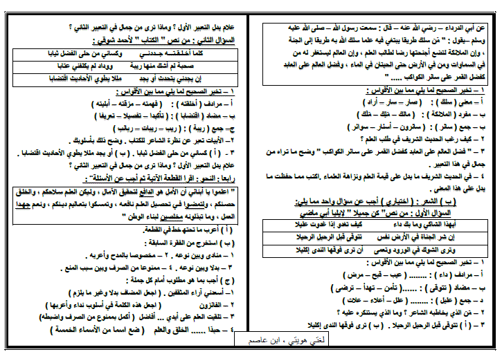 نموذج امتحان اللغة العربية للصف الثالث الاعدادى الترم الأول 2024 أ. ابن عاصم 6