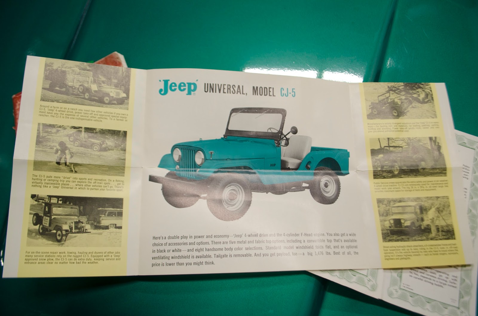 With the Jeep, Baxter purchased the factory tire jack and original literature. Below is the owner's manual, registration receipts, Jeep Universal CJ5 ...