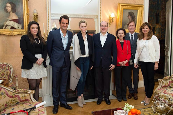 Prince Albert and Princess Charlene of Monaco along with Baroness Elizabeth-Ann de Massy and her daughter Melanie-Antoinette met with tennis legends, Mr. Roger Federer and Mr. Željko Franulović 