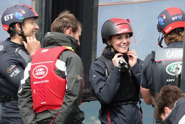 Catherine, Duchess of Cambridge joins the Land Rover BAR team on board their training boat, as they run a training circuit on the Solent