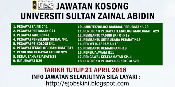 Jawatan Kosong Universiti Sultan Zainal Abidin (UniSZA) - 21 April 2018