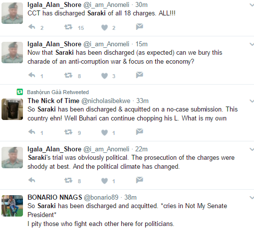 Nigerians react after CCT clears Saraki of false asset declaration charges