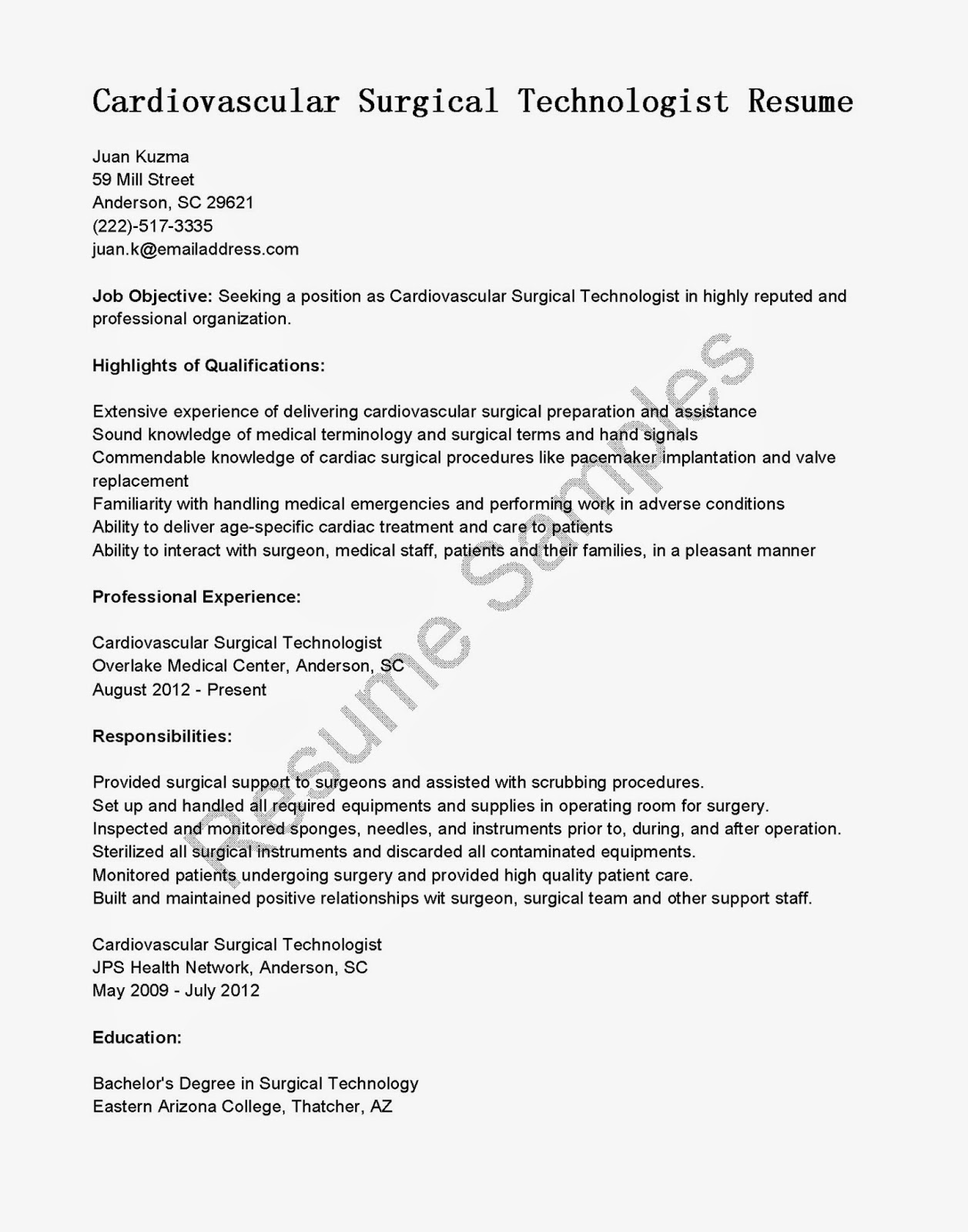 resume samples cardiovascular surgical technologist surgical tech resume samples