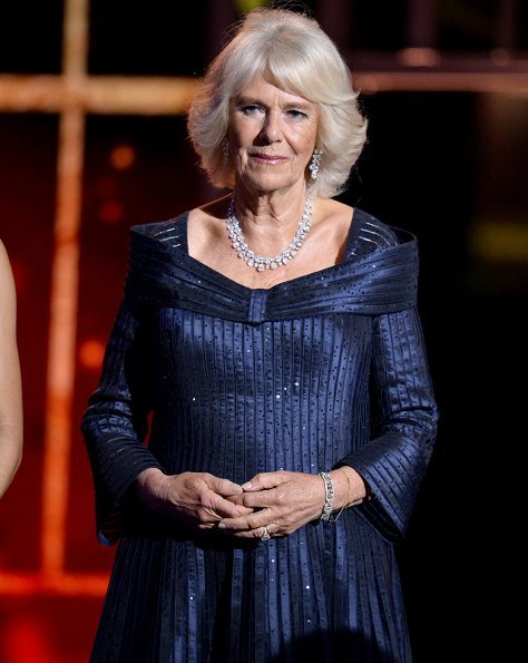 The Duchess of Cornwall is wearing a Bruce Oldfield gown with her pear-shaped diamond parure